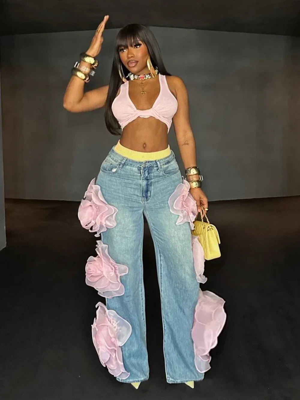 3D Flowers High Waist Jeans Fashion Closet Clothing