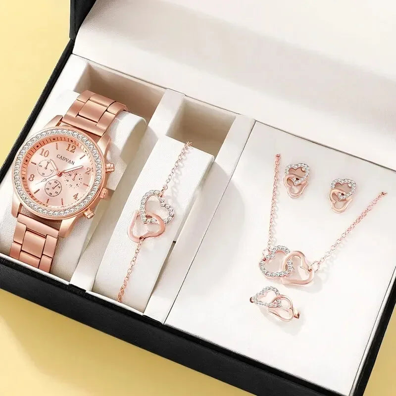 6PCS Set Luxury Watch/Earrings/Necklace Fashion Closet Clothing