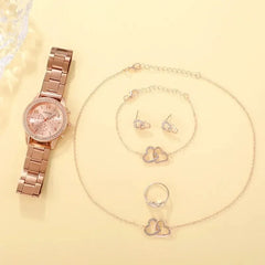 6PCS Set Luxury Watch/Earrings/Necklace Fashion Closet Clothing