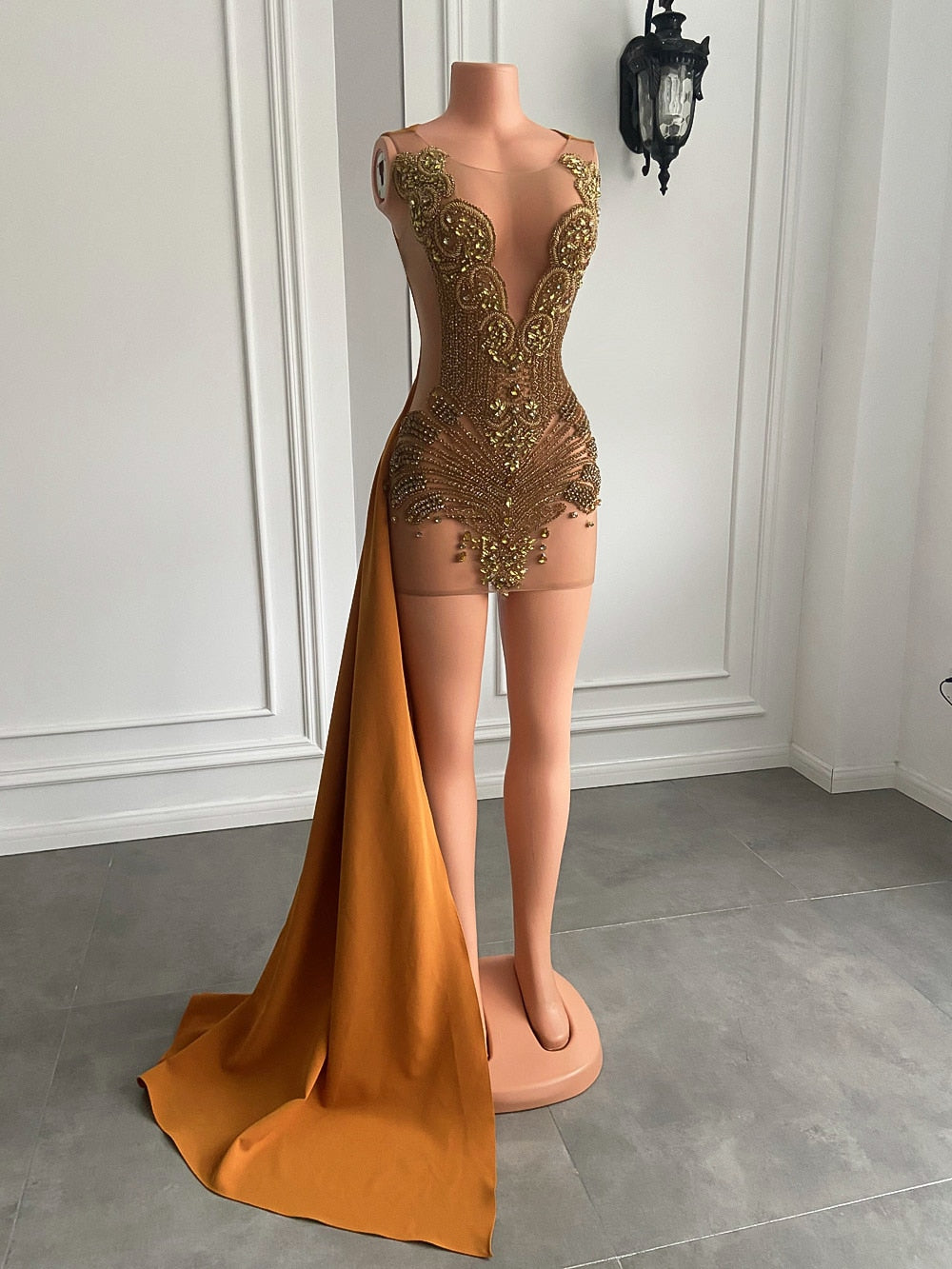 Shimmery long gold transparent dress