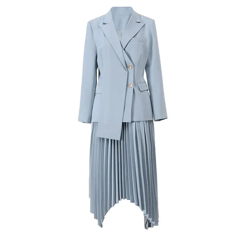 Asymmetric Contrast Pleated Blazer Skirt Set Fashion Closet Clothing