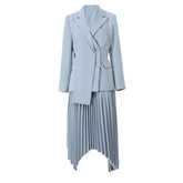 Asymmetric Contrast Pleated Blazer Skirt Set Fashion Closet Clothing