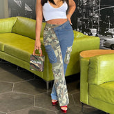 Contrast High Waist Jeans Fashion Closet Clothing