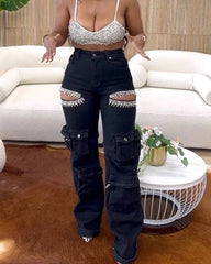 Cutout Diamonds Multi Pockets Jeans Fashion Closet Clothing