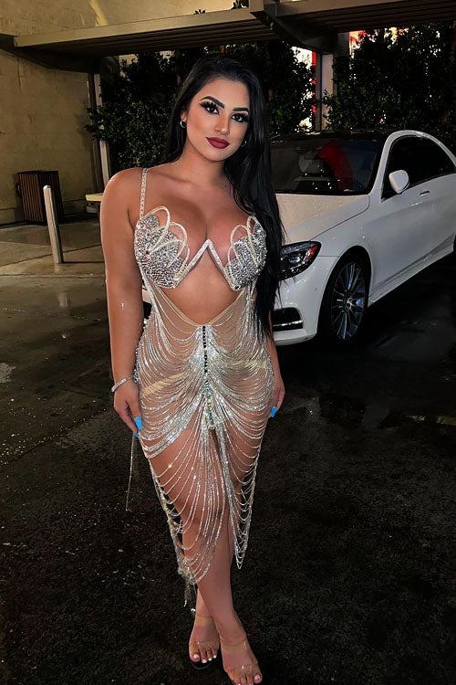 Diamond Tassel Fringe Mesh Dress Fashion Closet Clothing