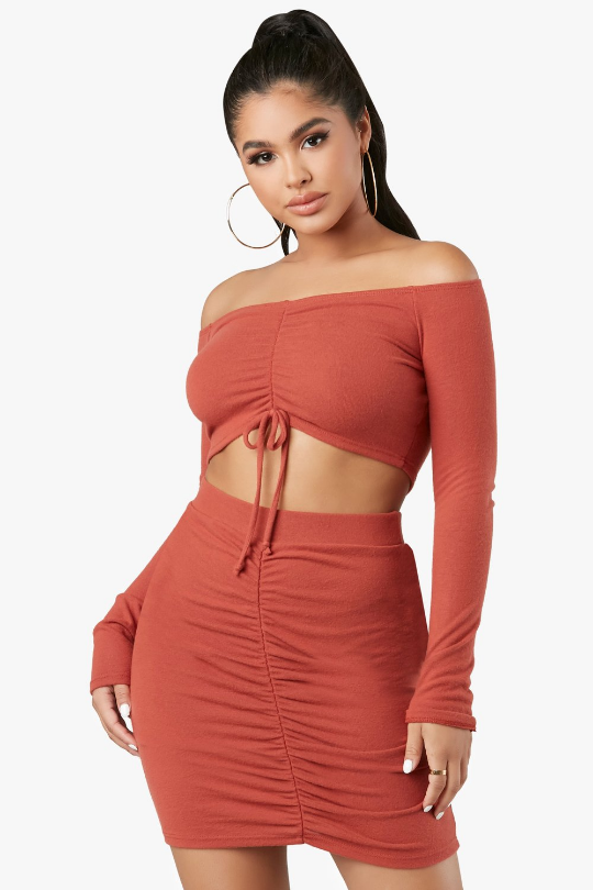 Do or Dye Off Shoulder Crop Top Set - Rust Fashion Closet Clothing
