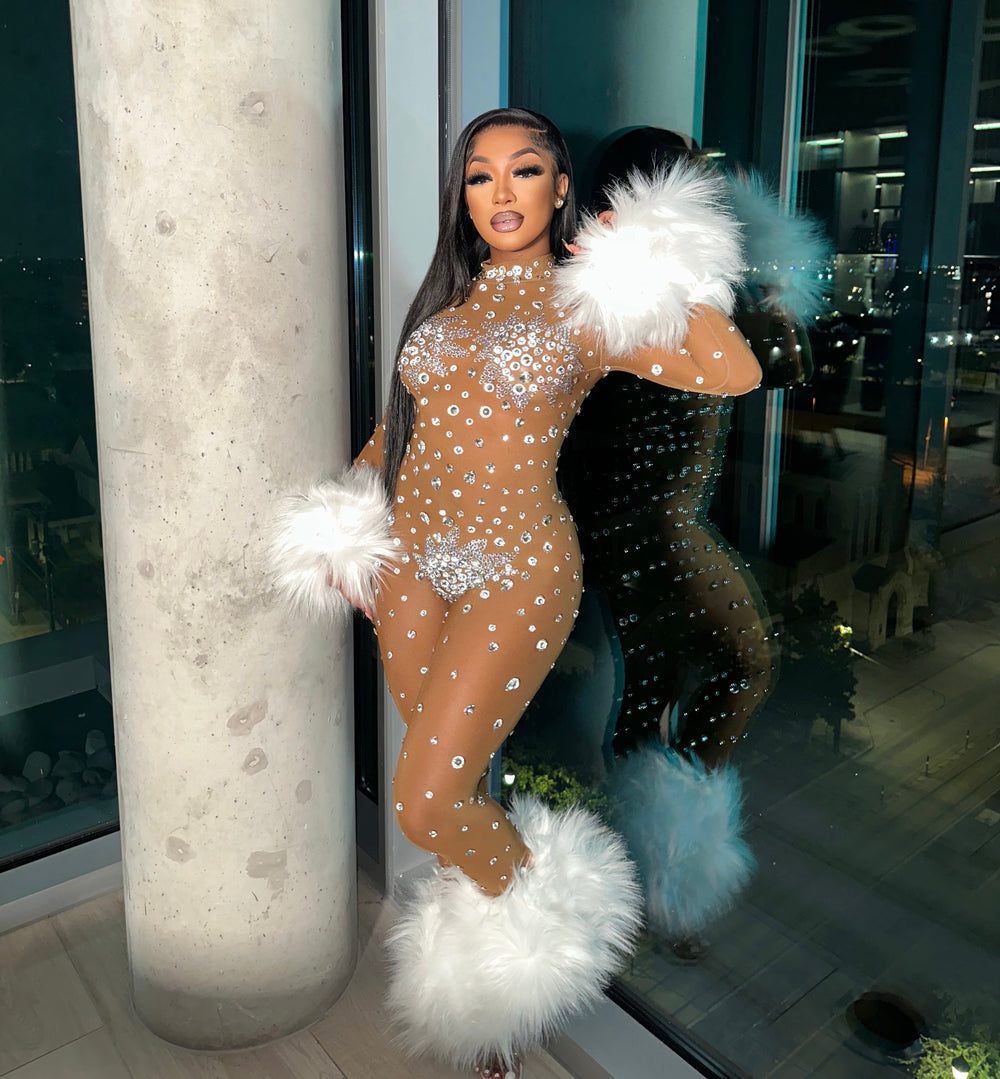 Feather Rhinestone Jumpsuit Fashion Closet Clothing