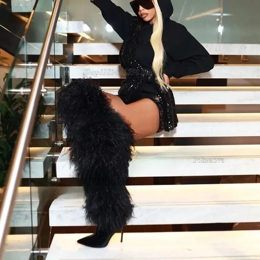 Furry Pointy Toe Boots Fashion Closet Clothing