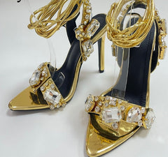 Golden Ankle Lace-Up High Heels Fashion Closet Clothing