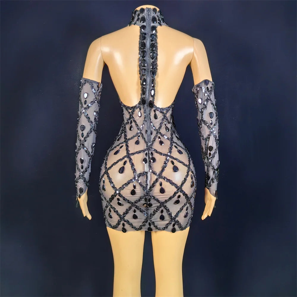 Hillary Rhinestones Mesh Dress Fashion Closet Clothing