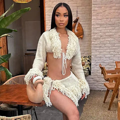 Josie Knit Tassel Cardigan Skirt Set Fashion Closet Clothing