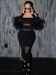 Luxury Feather Bandage Midi Dress Fashion Closet Clothing