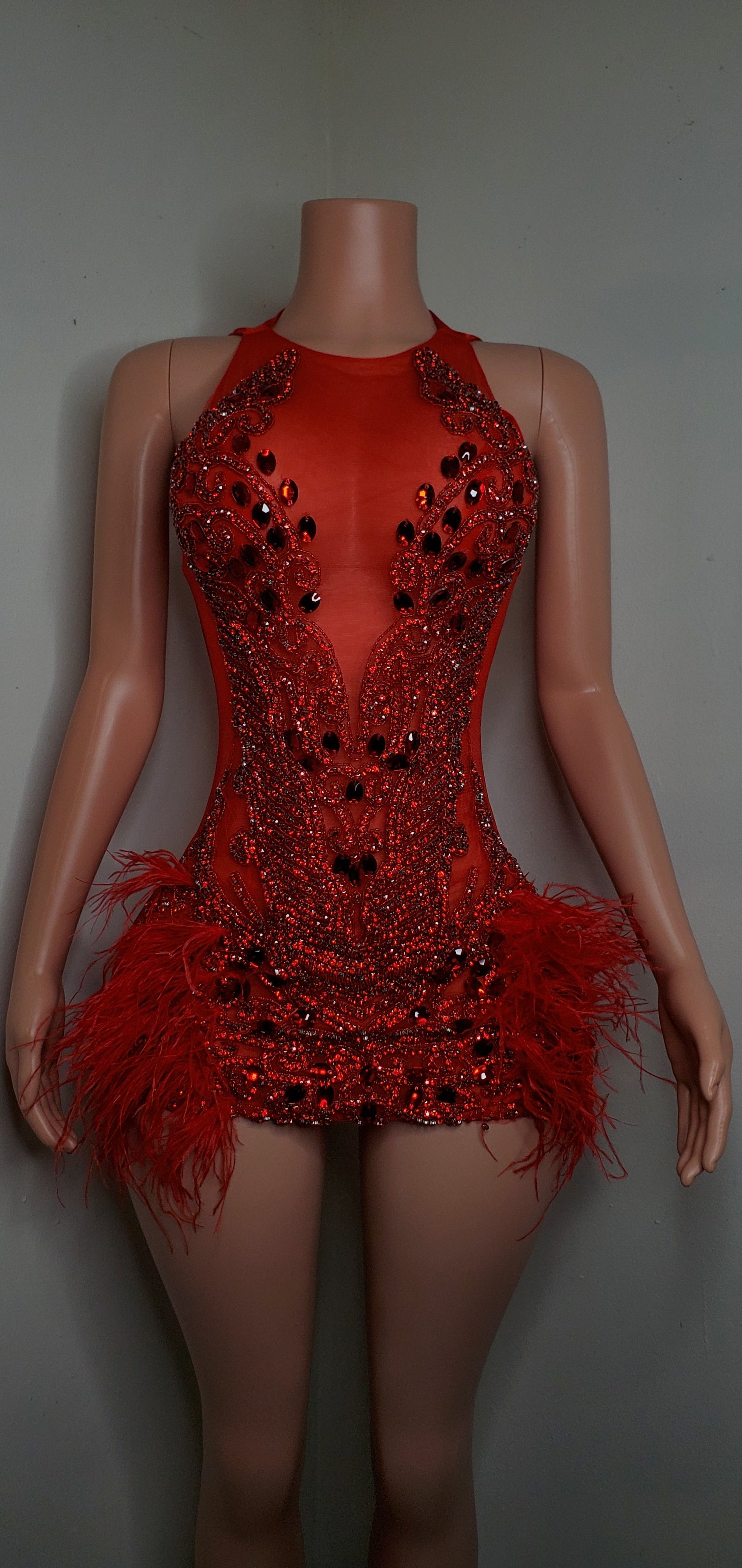 Luxury Sheer Crystal Feather Mini Dress Fashion Closet Clothing