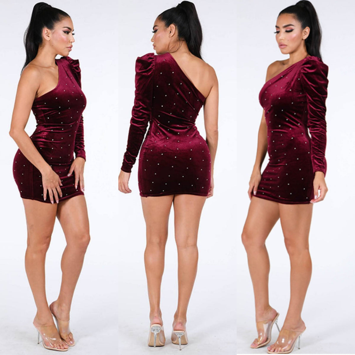 One Shoulder Velvet Dress - Burgundy Fashion Closet Clothing