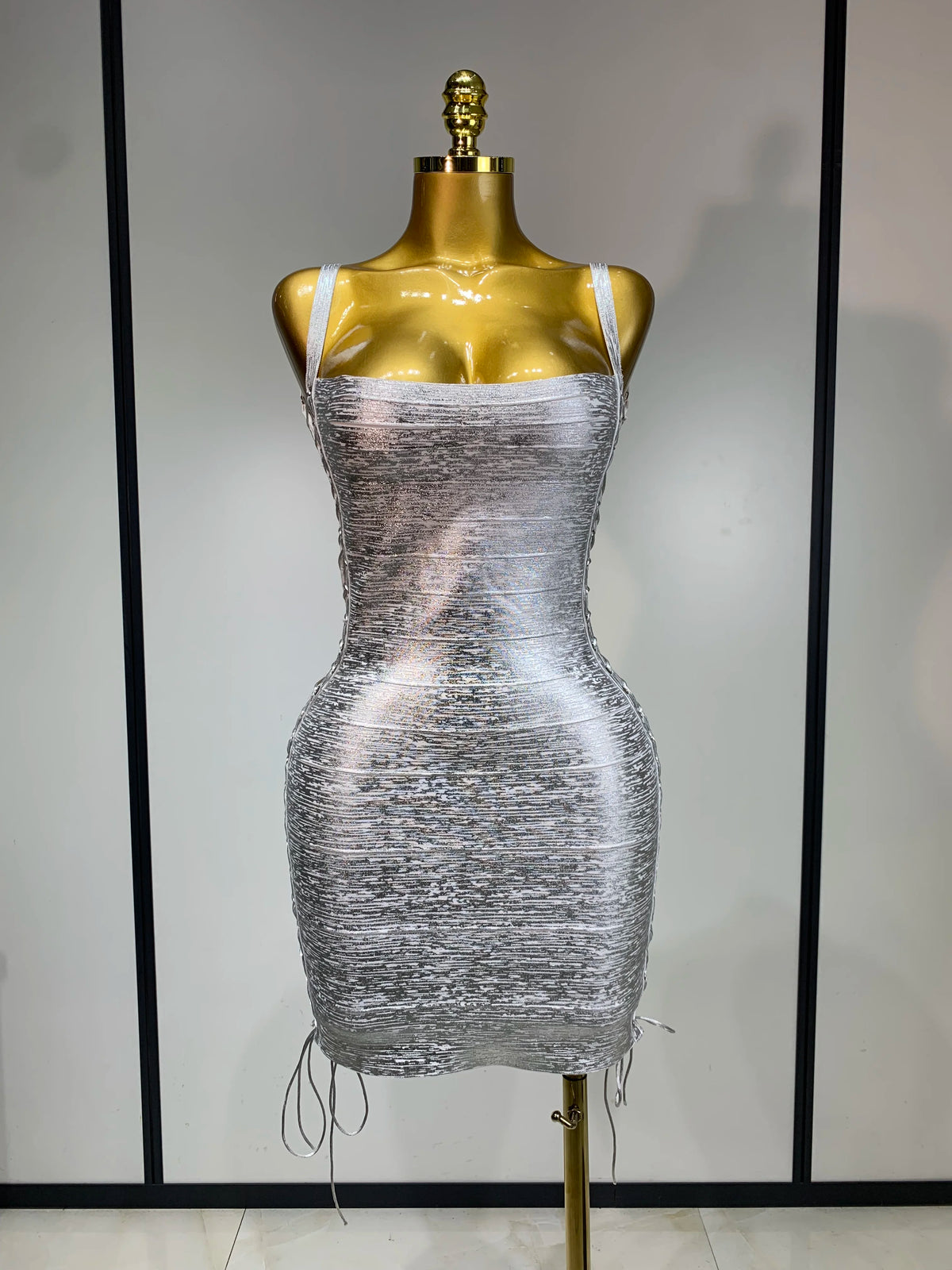 Metallic Side Lace Up Bandage Mini Dress
