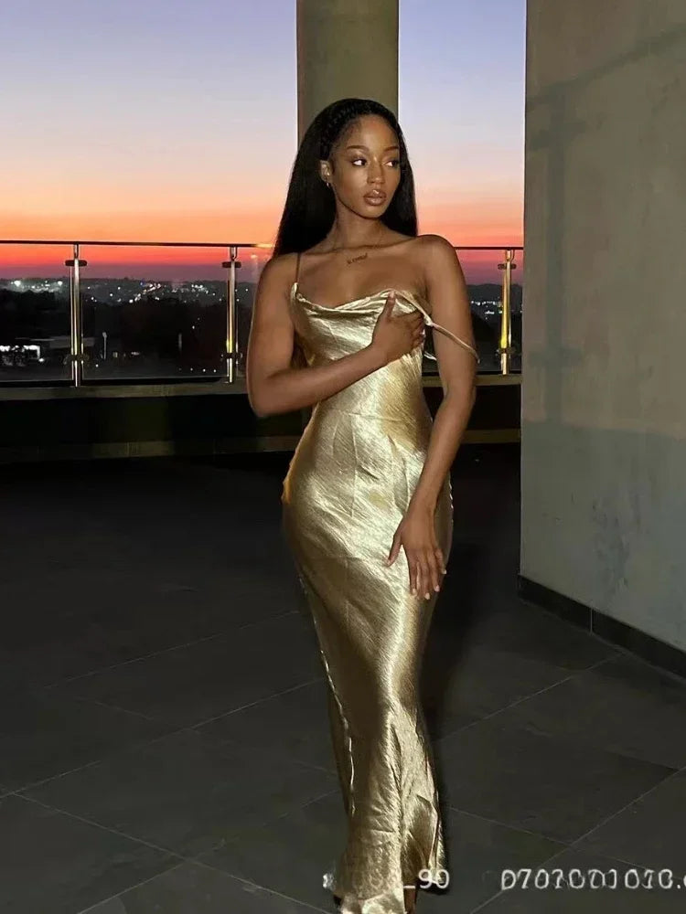 Gold satin maxi dress hotsell