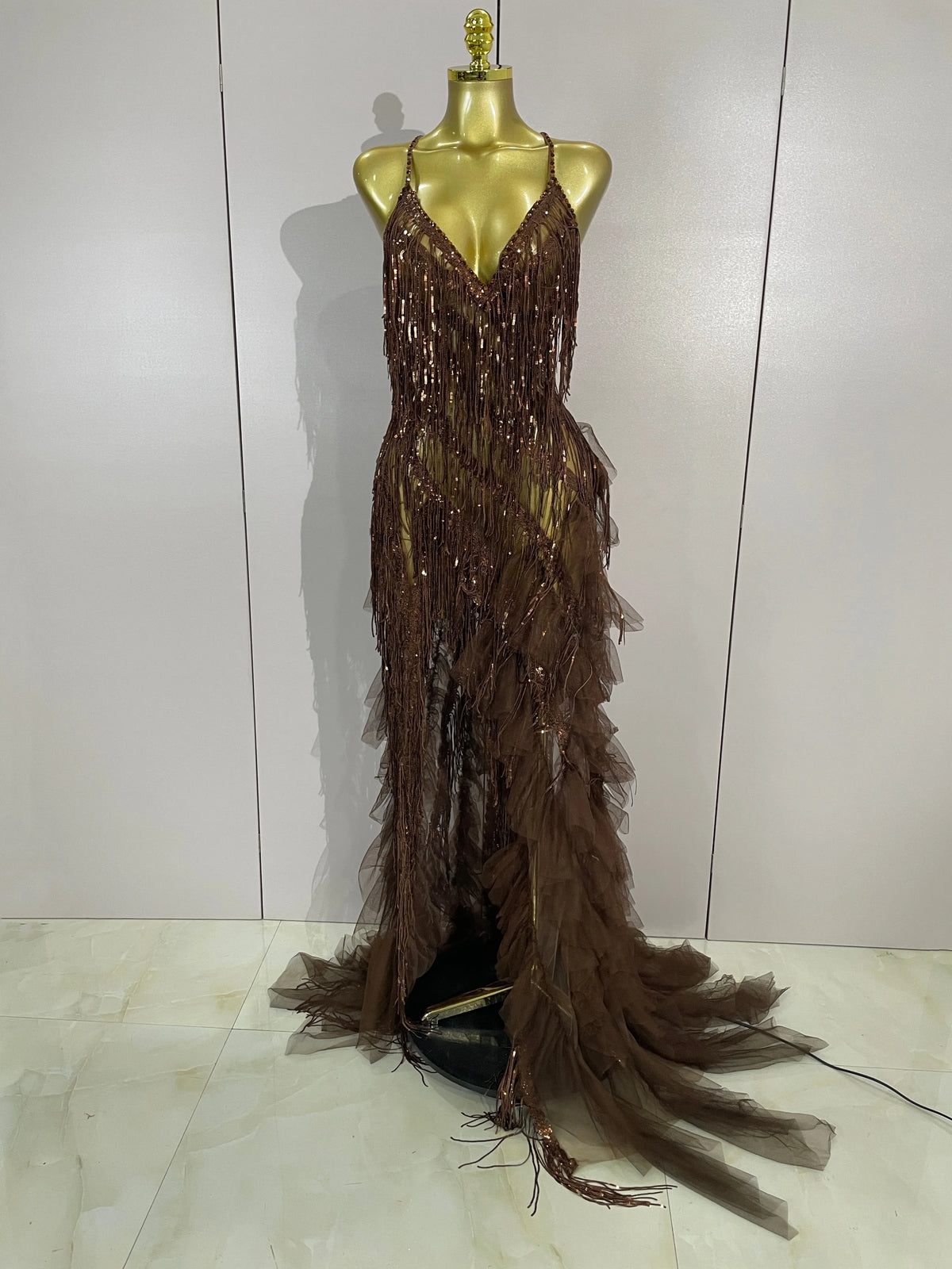 Alisa Rhinestone Tassel Sheer Maxi Dress