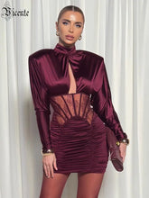 Burgundy Satin Corset Ruched Dress