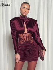 Burgundy Satin Corset Ruched Dress