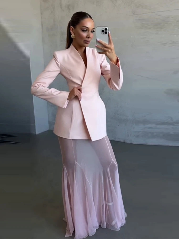 Pink Satin Blazer Mesh Skirt Set