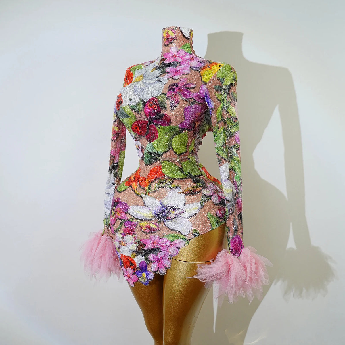 Luxury Floral Sequin Ruffle Dress