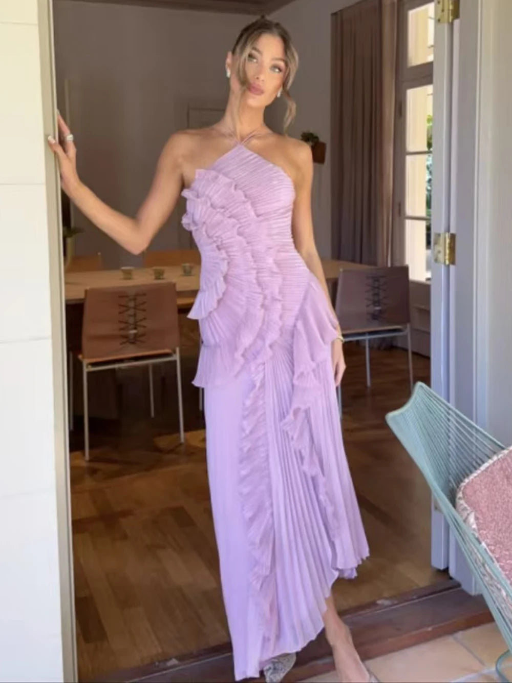 Robe longue Kelsi en mousseline à volants