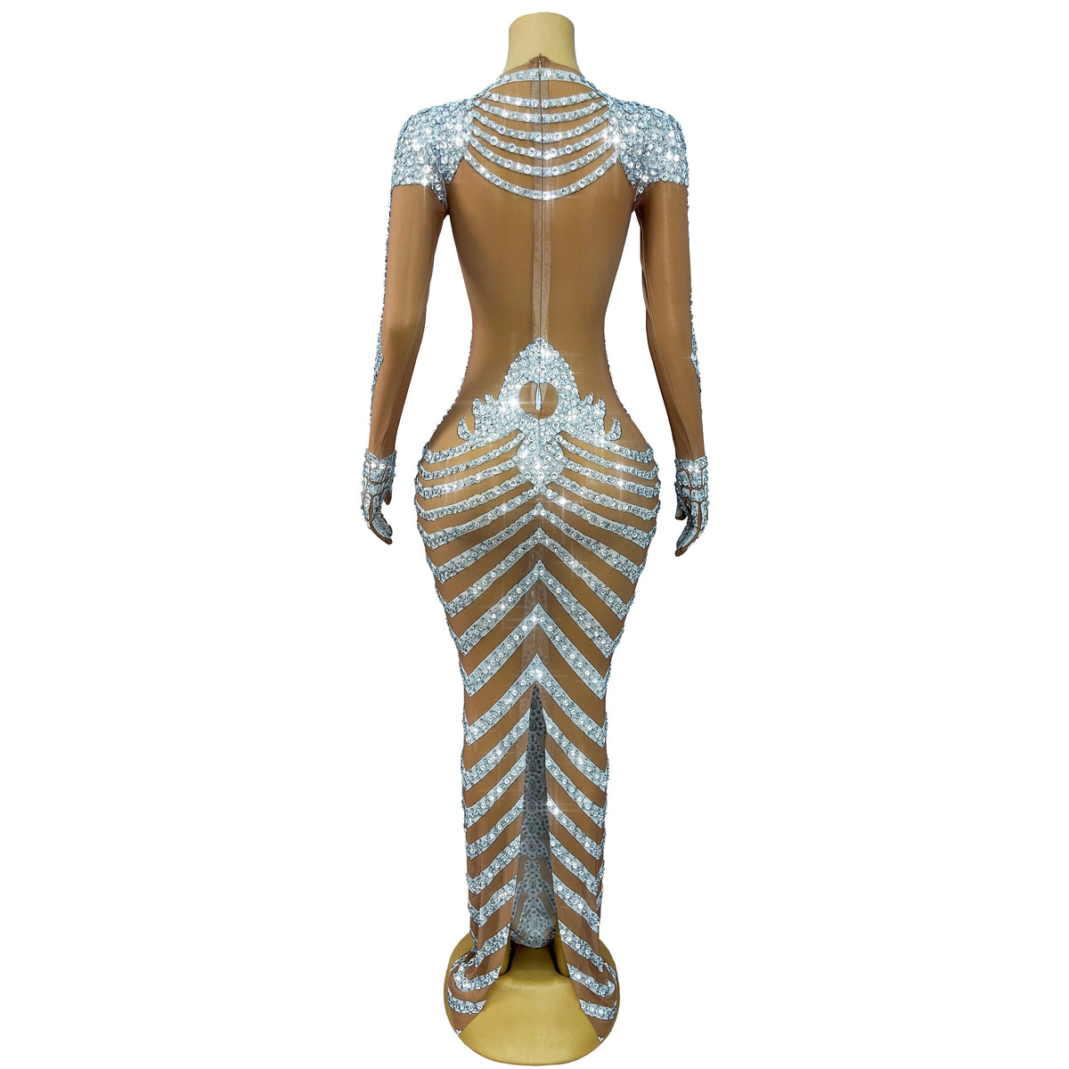 Skeleton Rhinestone Mesh Maxi Dress