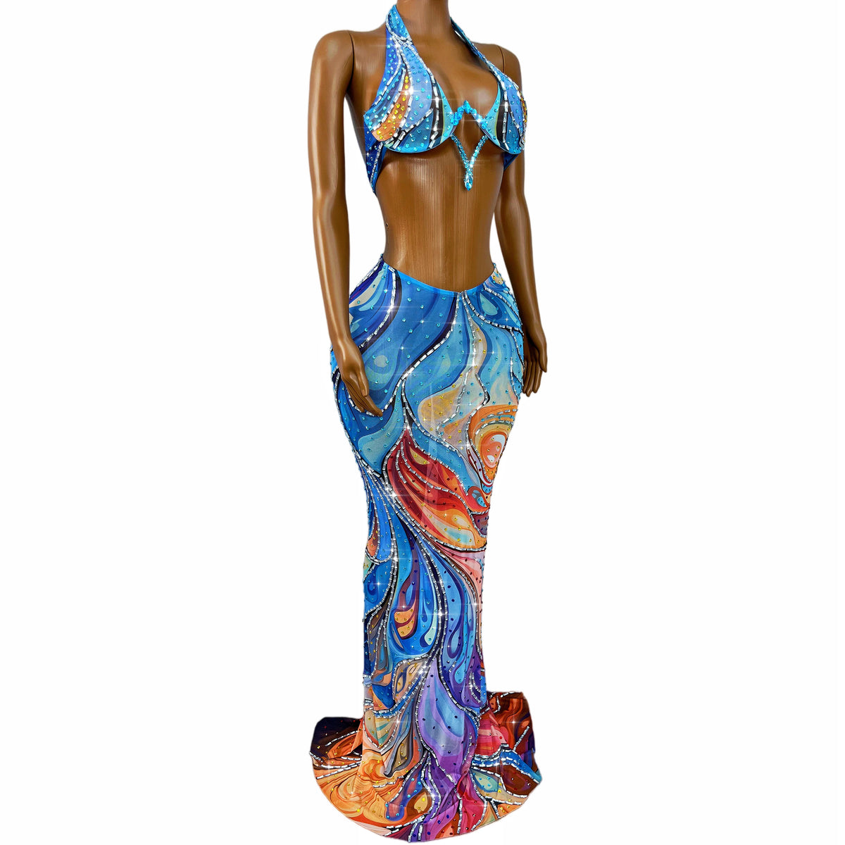 Abstract Swirl Rhinestone Skirt Set