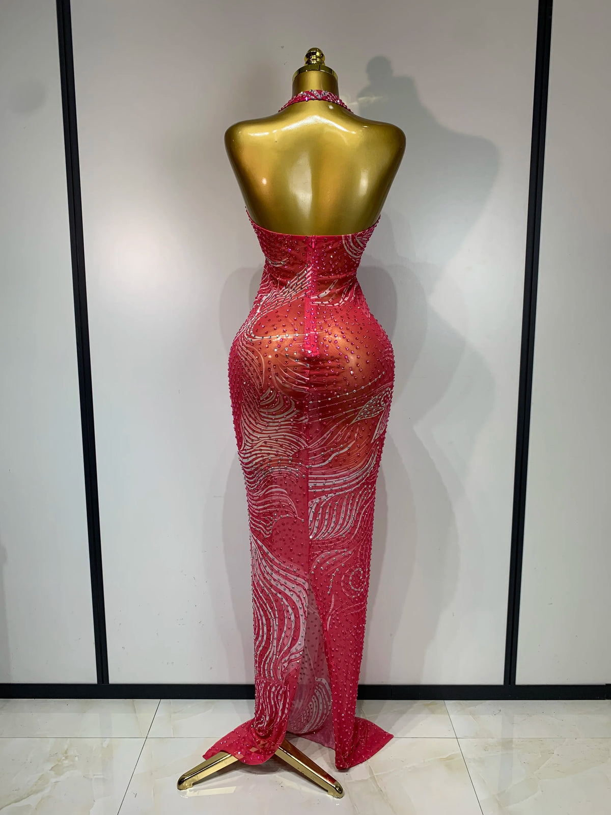 Luxe Rhinestone Mesh Maxi Dress- Peach Pink