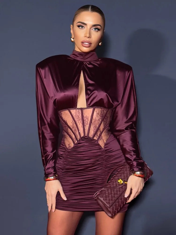 Robe Corset Froncée en Satin Bordeaux