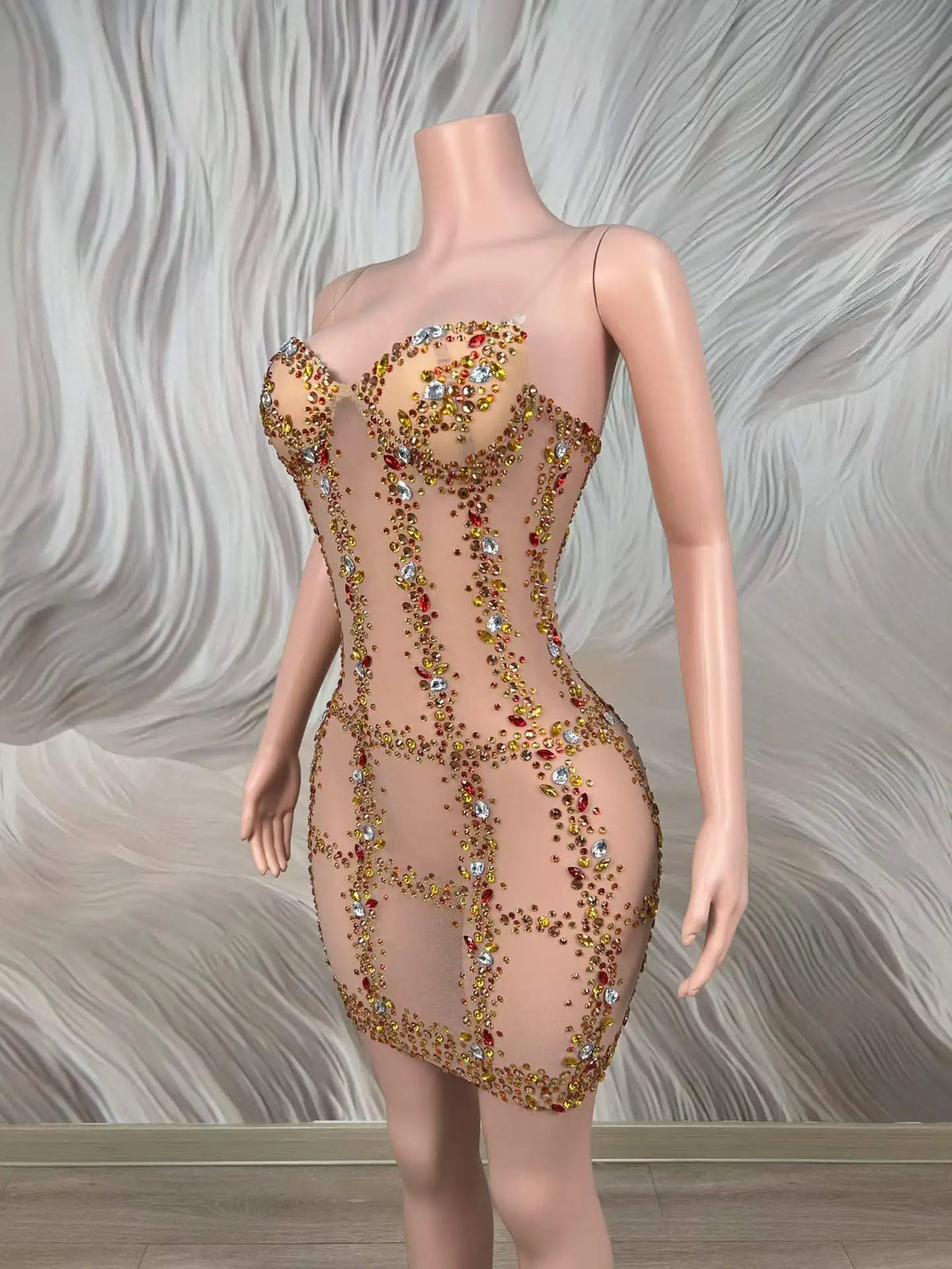 Jazzy Rhinestone Mesh Mini Dress