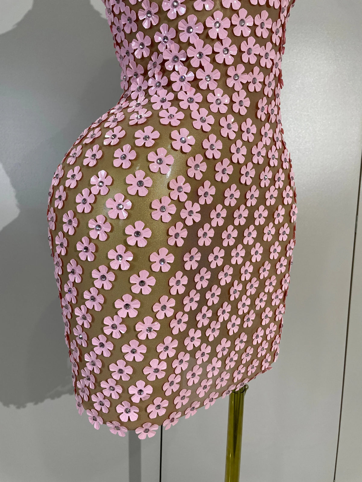 Pink Flower Sequin Mesh Dress