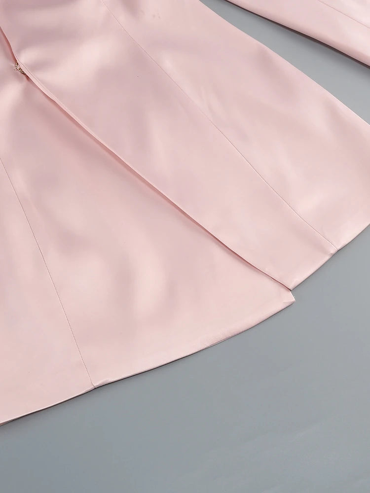 Pink Satin Blazer Mesh Skirt Set