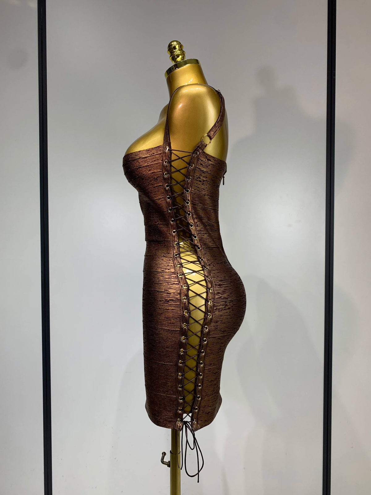 Metallic Side Lace Up Bandage Mini Dress
