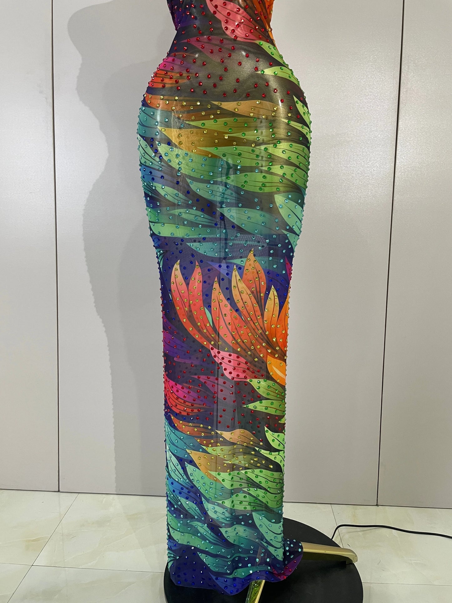 Sparkly Colorful Rhinestone Mesh Maxi Dress