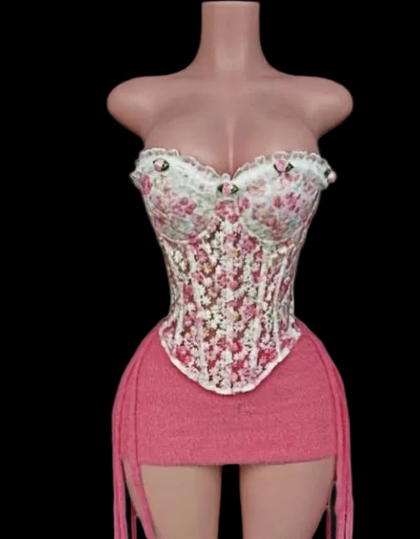 Ensemble jupe corset broderie florale