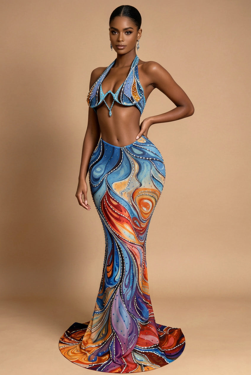 Abstract Swirl Rhinestone Skirt Set