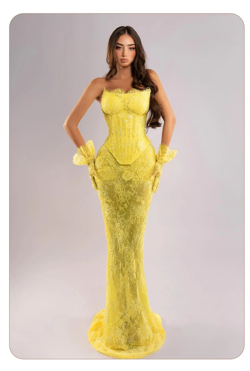 yellow sheer dress Light Lace Maxi with High Split and Hollow-Out Wais  Canary Houze Elegant pastel yellow maxi dress in silk organza with a flowing silhouette Avafrancis on LTK