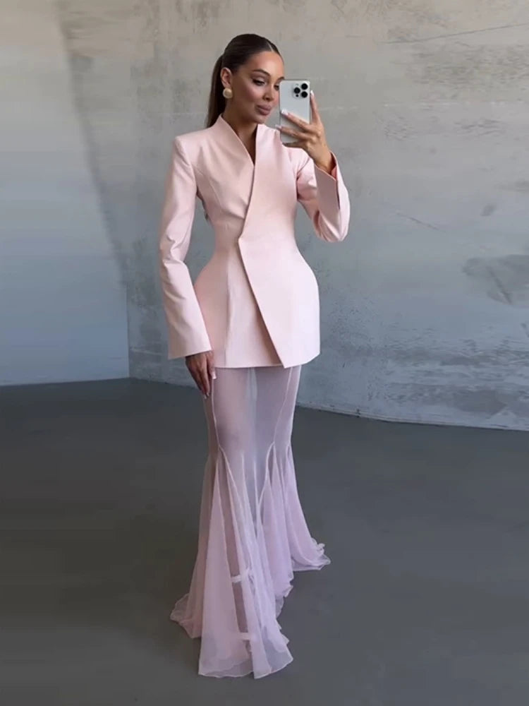 Pink Satin Blazer Mesh Skirt Set