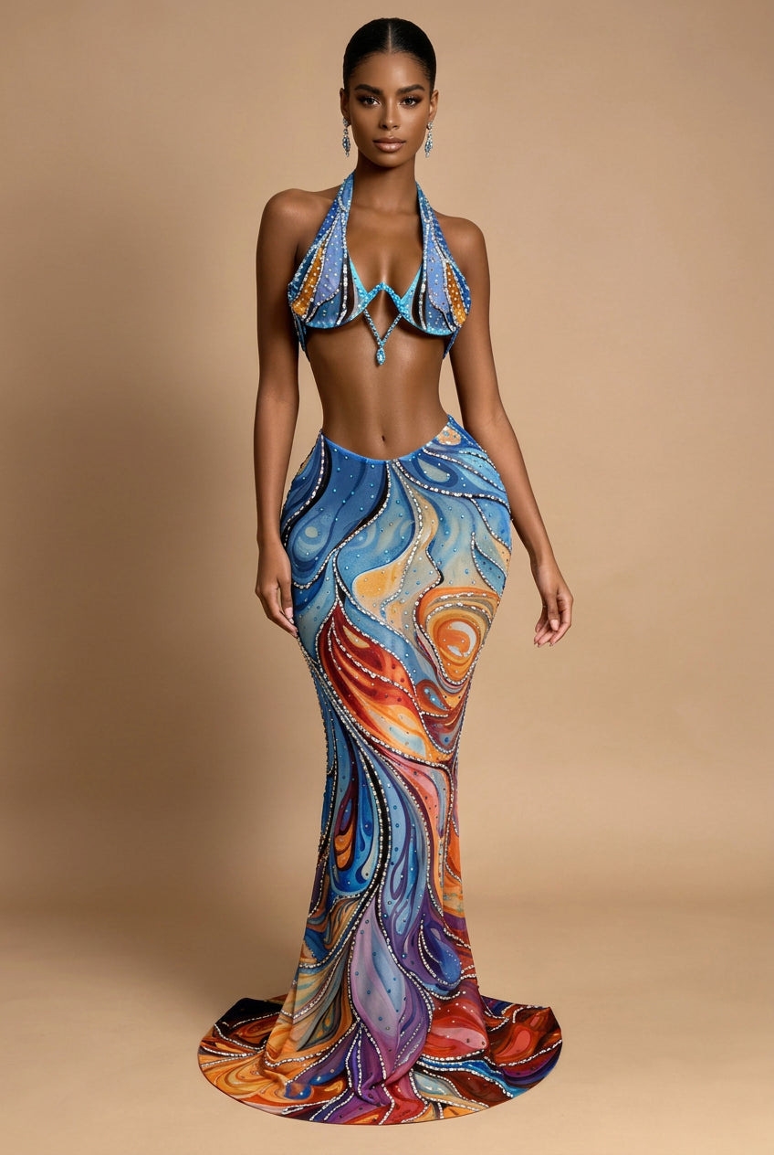 Abstract Swirl Rhinestone Skirt Set