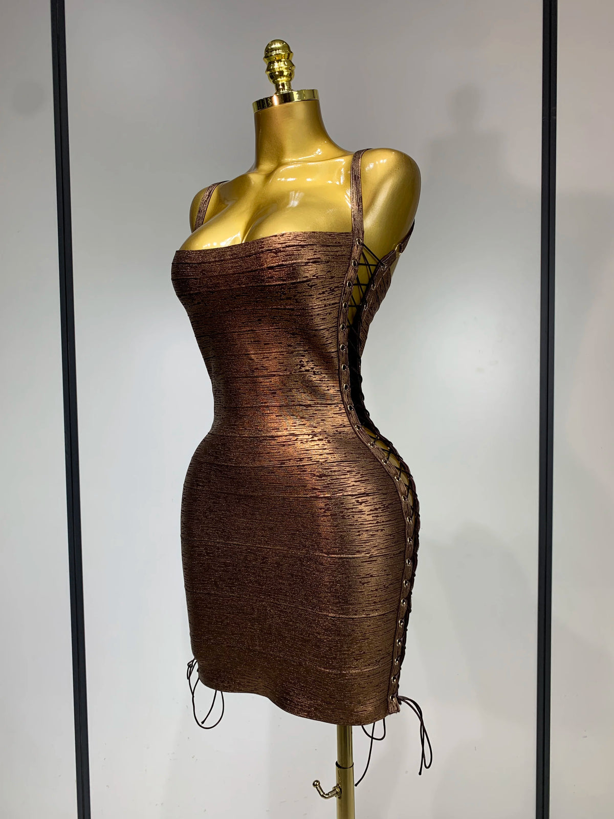 Metallic Side Lace Up Bandage Mini Dress