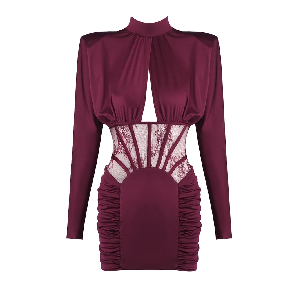 Robe Corset Froncée en Satin Bordeaux