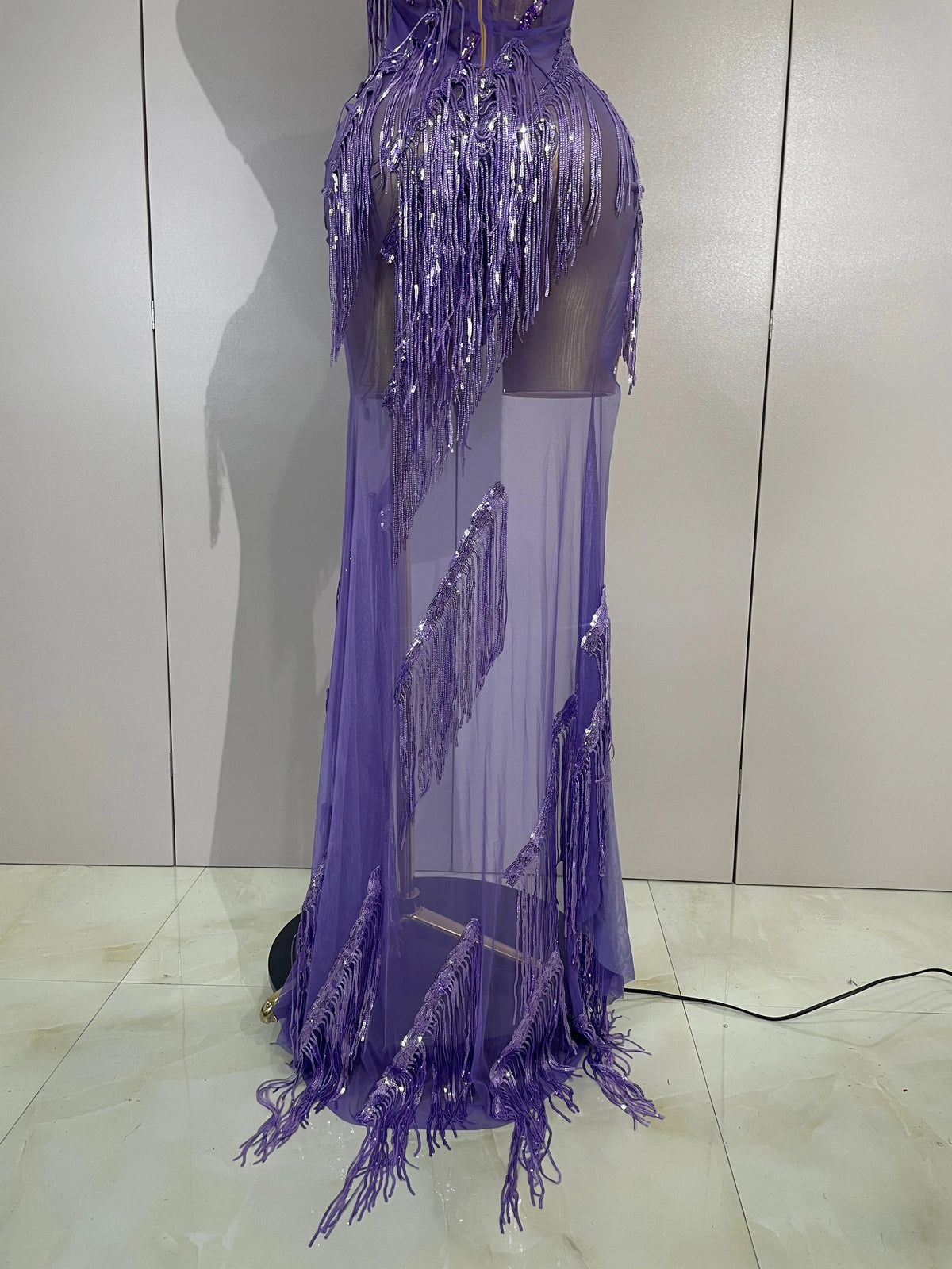 Purple Tassel Mesh Maxi Dress