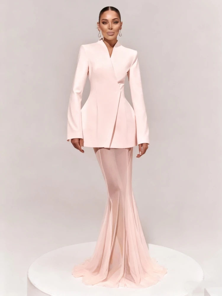Pink Satin Blazer Mesh Skirt Set