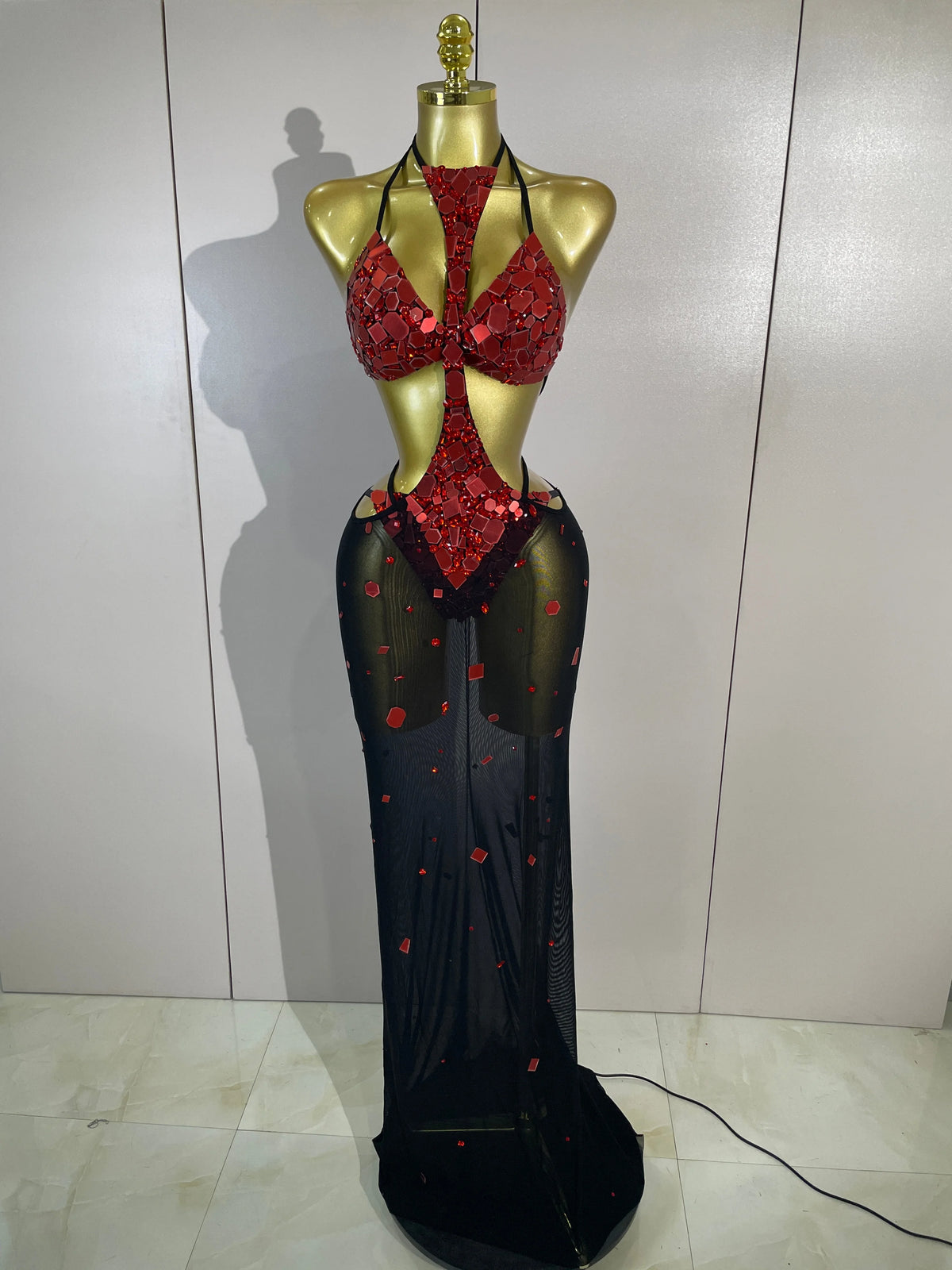 Red Mirror Bikini Mesh Skirt Set
