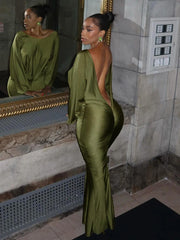 Deep-V Backless Ruched Maxi Dress