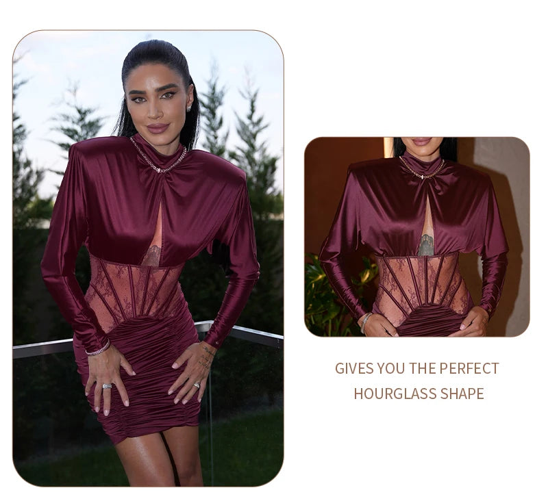 Robe Corset Froncée en Satin Bordeaux