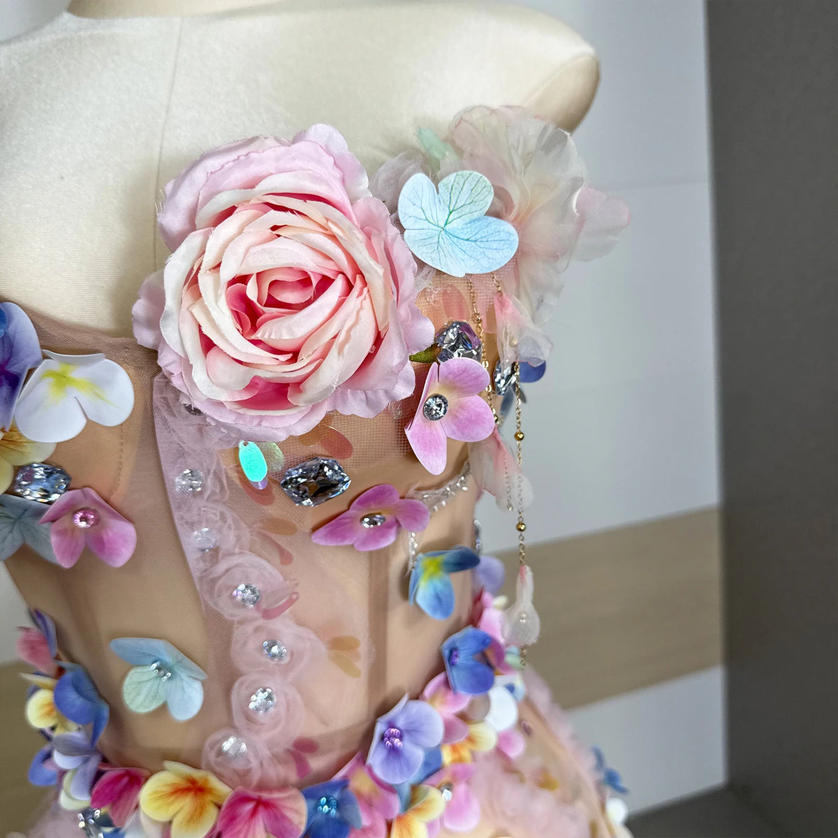 Garden Petal Rhinestone Mesh Dress