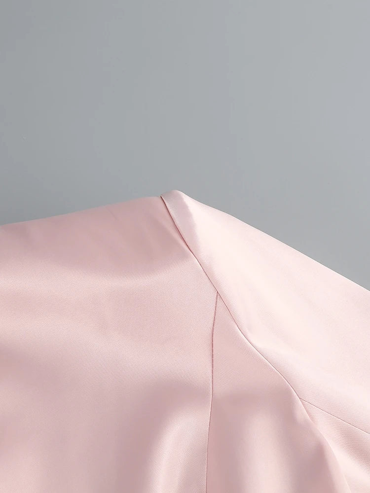 Pink Satin Blazer Mesh Skirt Set