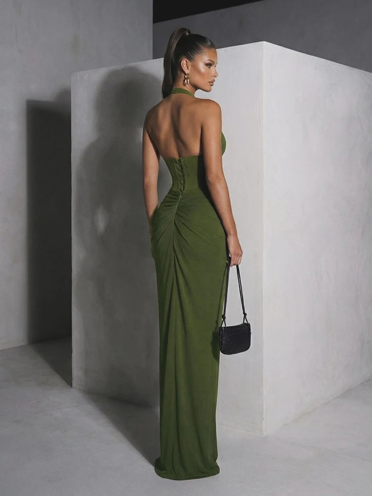 Olive Green Corset Ruched Maxi Dress